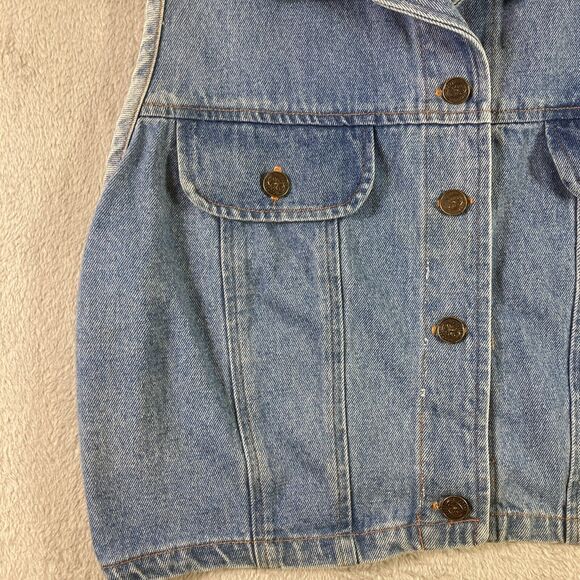 Vintage Jean Denim Vest Jacket Women 13/14 Blue Fake Pockets Sleeveless USA - Picture 2 of 14
